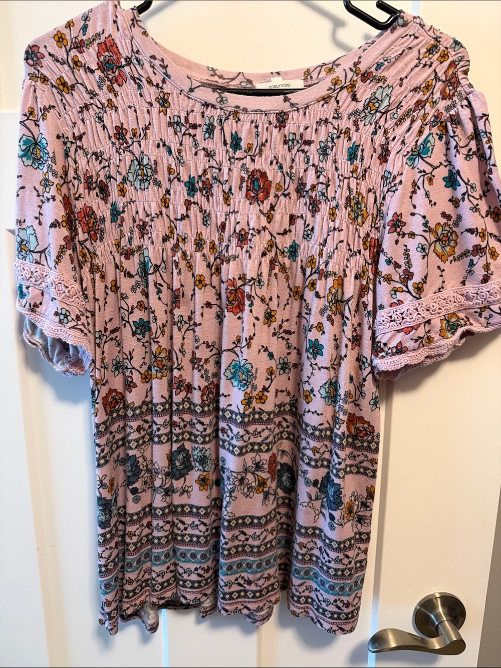 Maurices Pink Floral Smocked Short Sleeve Boho Tunic